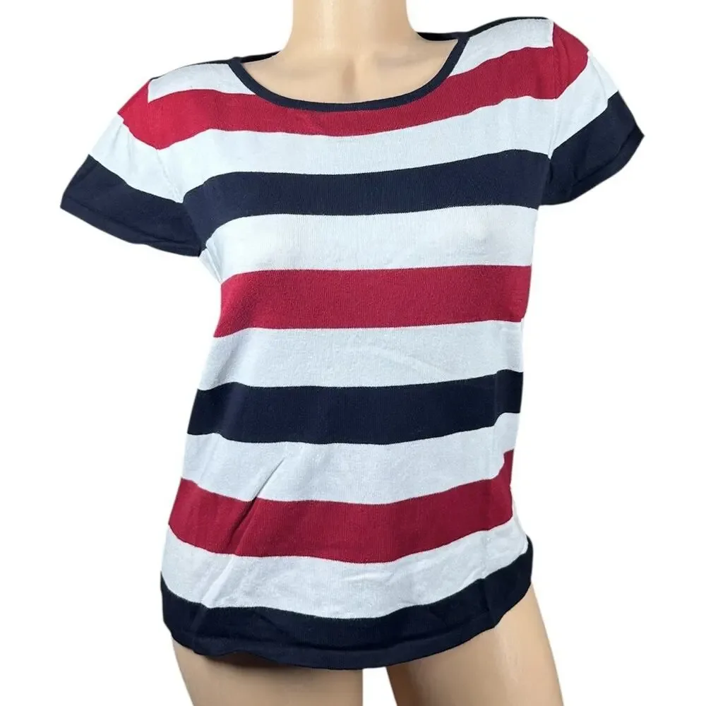 Vtg TALBOTS‎ Red White Blue Stars Stripes 2 Pc Cardigan Sweater Set Patriotic S